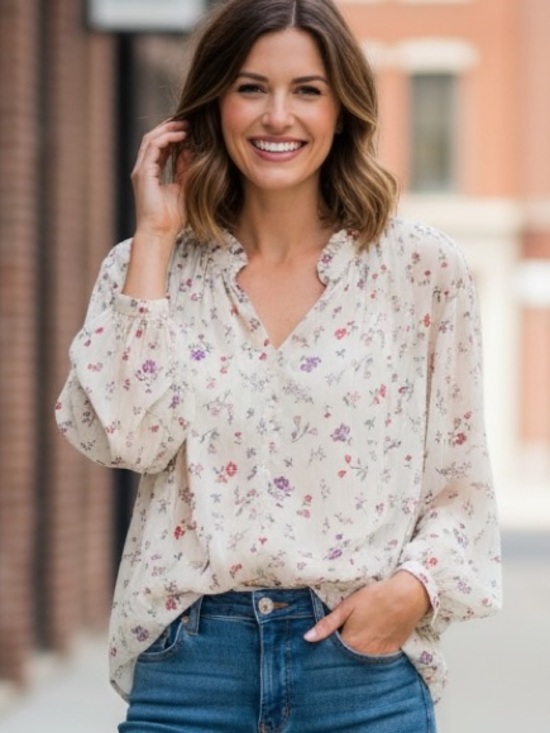 Uniqlo Tops - Floral Ruffle Neck Blouse